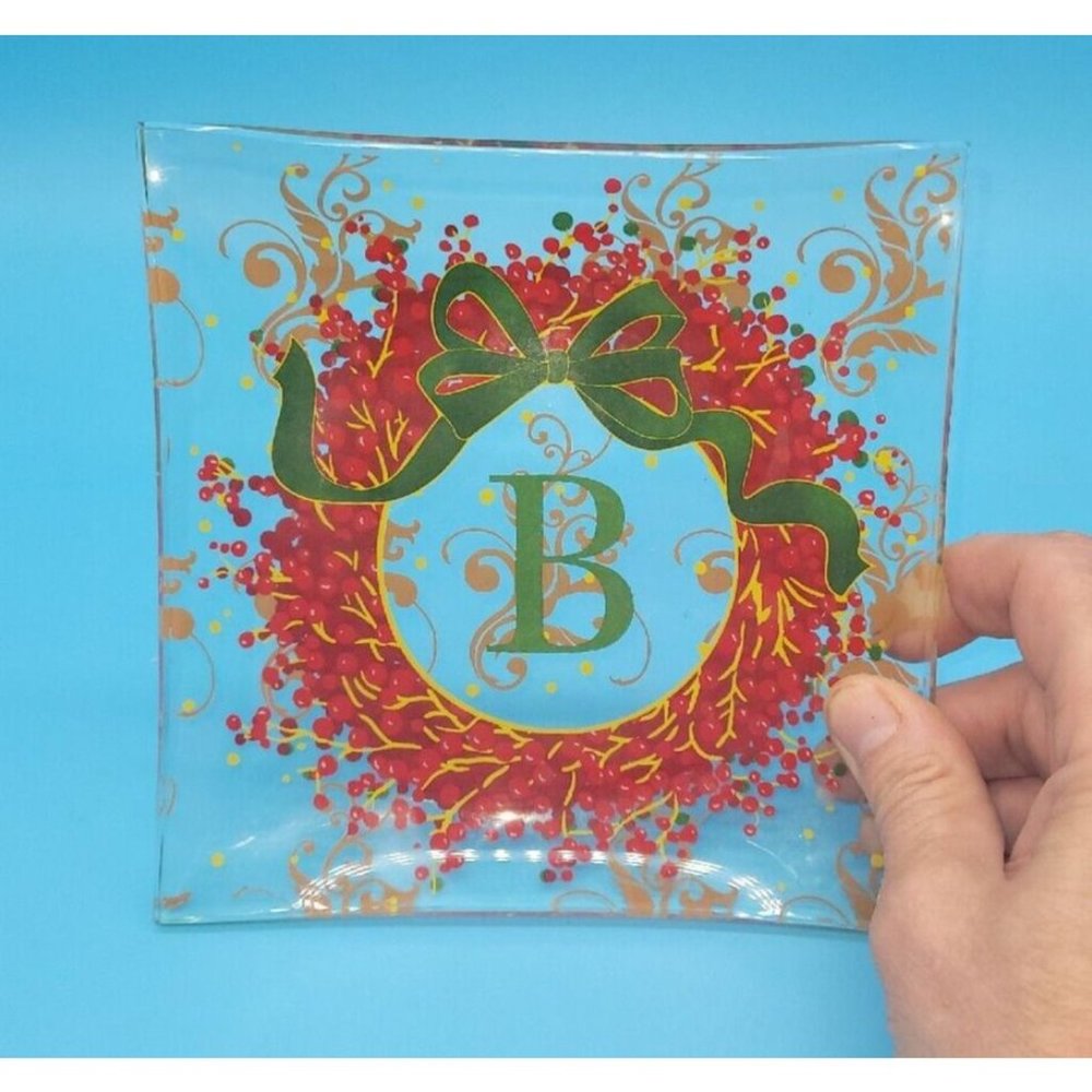 Monogram Plate "B" Christmas Wreath Clear 6" square Dish - upturned corners